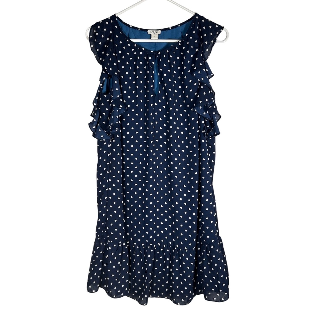 J.Crew Navy Blue Polka Dot Ruffle Sleeveless Shift Dress XS Keyhole Neckline